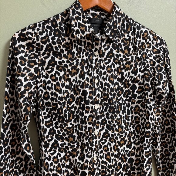 J Crew Womens Linen Cotton Leopard Print Slim Perfect Shirt Size XS Button - Picture 2 of 12